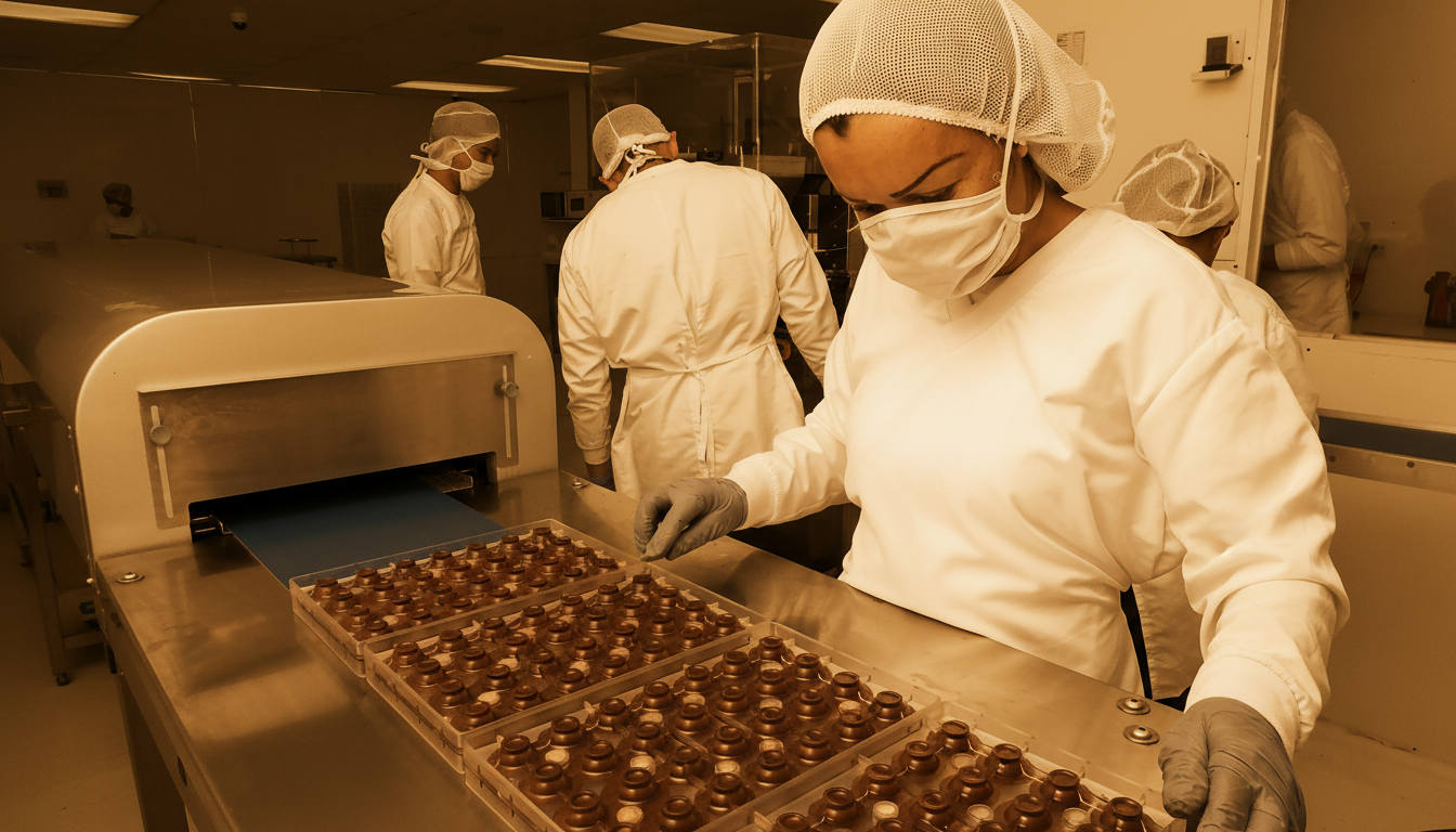 Equipo de ChocoAcademy trabajando en la línea de producción de chocolate