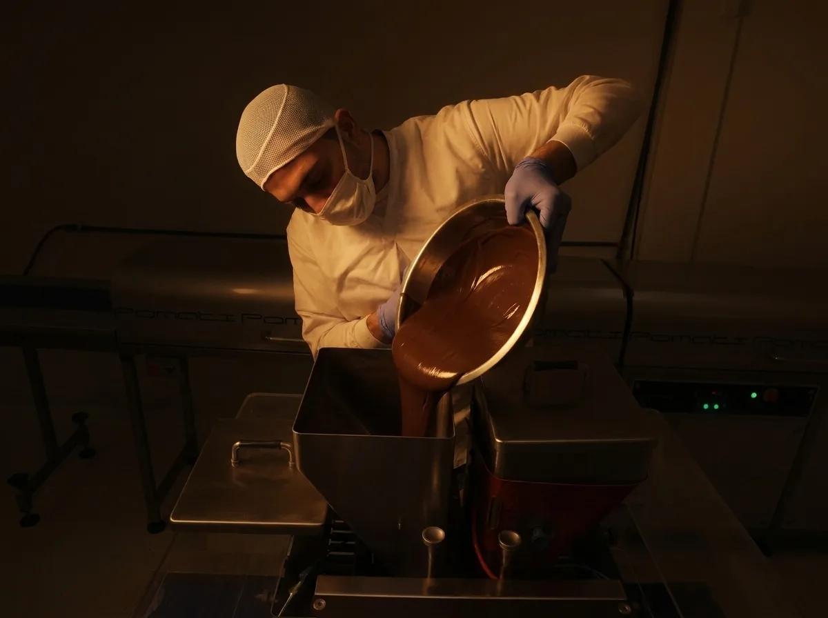 Chocolatero de ChocoAcademy virtiendo chocolate fundido en la temperadora, en la fábrica real